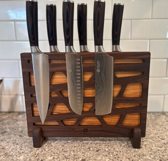 Magnetic Walnut and Cherry Knife Block with Geometric Patterns. 10+ Knife holding capacity.
