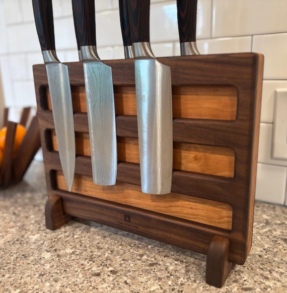 Large Magnetic Walnut & Cherry Knife Block: Chef's Kitchen Storage
