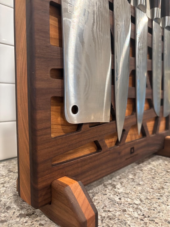 Magnetic Walnut and Cherry Knife Block with Geometric Patterns. 10+ Knife holding capacity.