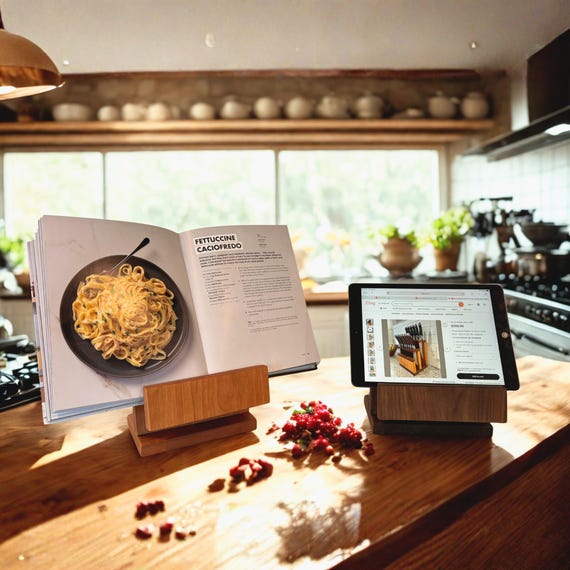 Wooden iPad and Cookbook Stand: Elevated Adjustable Hardwood Book and Tablet Display