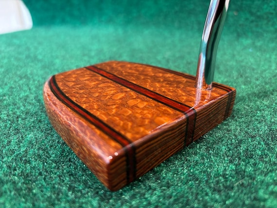 Custom Engraved Wood Golf Putter: Leopardwood with Padauk and Black Wenge Stripes