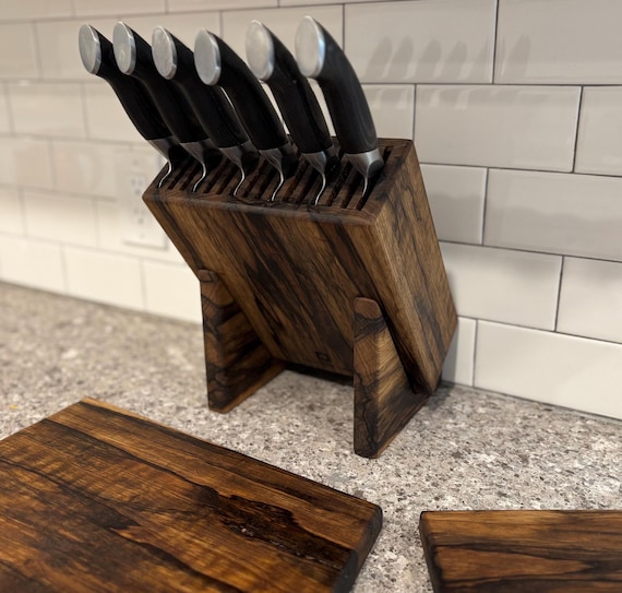 Personalizable Rustic Black Limba Knife Block.  Housewarming, Anniversary, Wedding, Gift for Chef, Slotted Knife Holder.