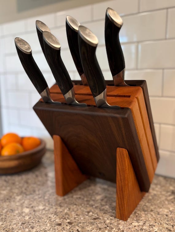 Personalizable 9 Slot Walnut and Cherry Knife Block with Horizontal Slots and Ribbed Sides