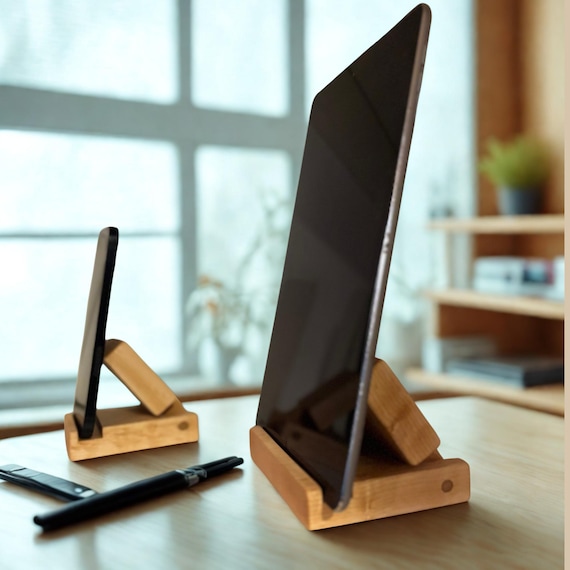 Adjustable Wooden iPad and iPhone Stand: Hardwood Tablet Display