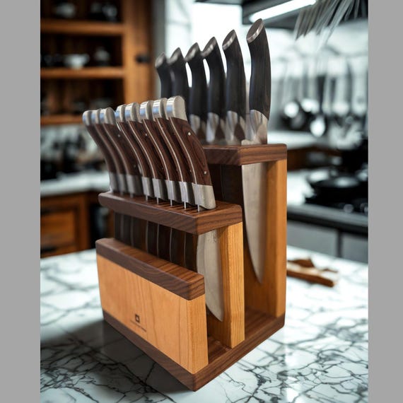 Personalizable Handcrafted Walnut & Cherry Knife Block: Large 32 Slot, 16+ Knife Holding Capacity