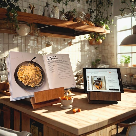 Wooden iPad and Cookbook Stand: Elevated Adjustable Hardwood Book and Tablet Display