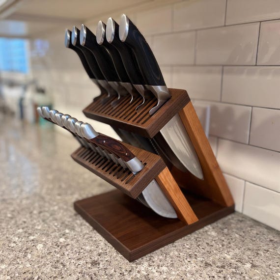 Walnut & Cherry Magnetic Knife Block: 32 Slot, 16+ Chef and Steak Knife Holder