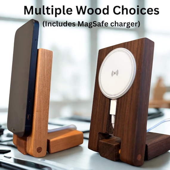 Wood Phone Charger with MagSafe Charger: Handcrafted Desk Charging Station,  iPhone stand.
