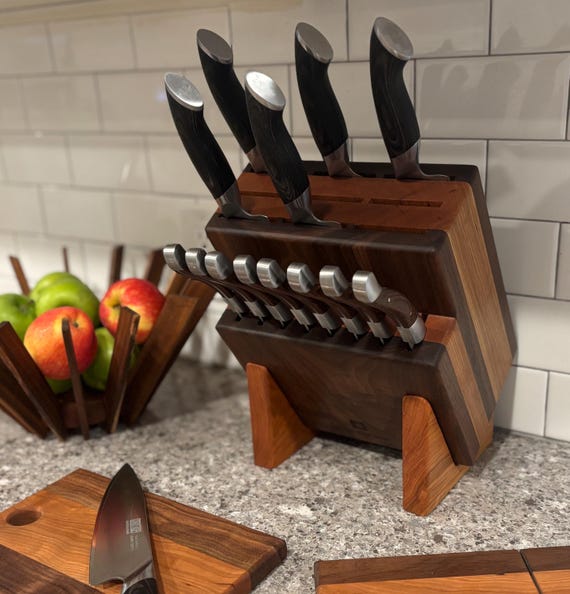 Personalizable Large Walnut and Cherry Knife Block.