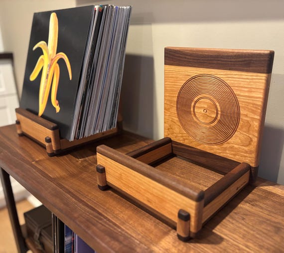 Personalized Walnut & Cherry Vinyl Record Display: Custom Engraved Album Holder