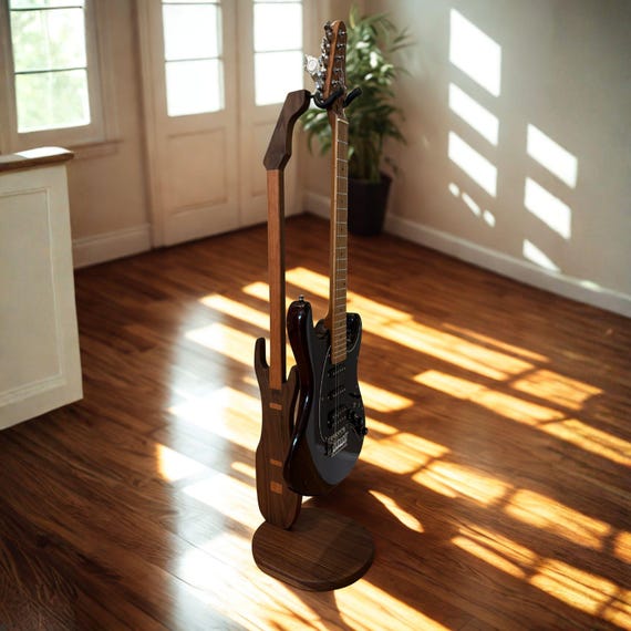 Wooden Guitar Stand: Hanging Guitar Design Handcrafted Walnut and Cherry Inlays