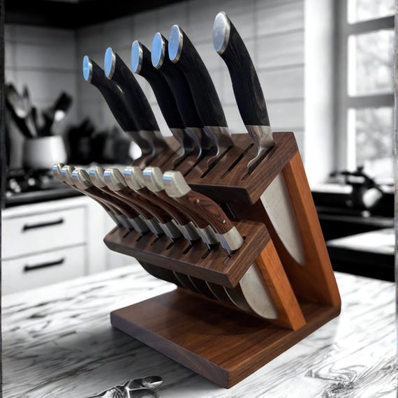 Walnut & Cherry Magnetic Assist Knife Block: 16 Slot Chef and Steak Knife Holder