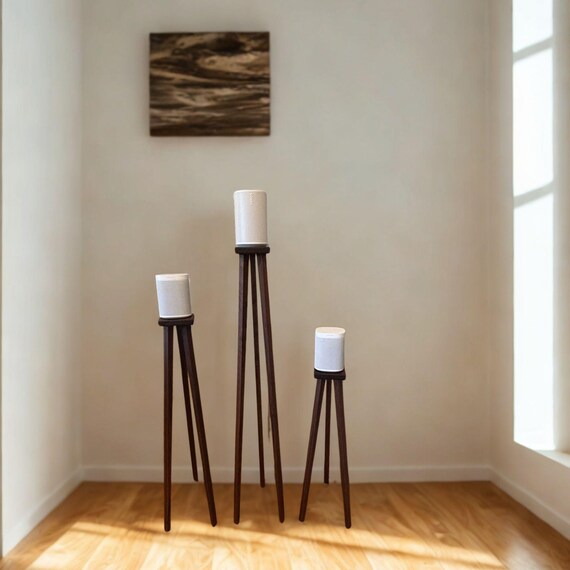 Walnut Speaker Stands: Three Leg Slim Pedestal Design, Set of 2 stands