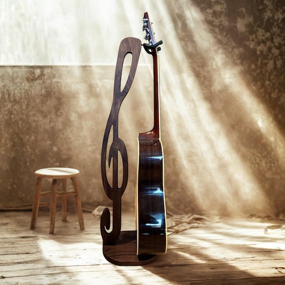 Walnut Guitar Stand: Treble Clef Music Note Design, Handcrafted Hanging Stand