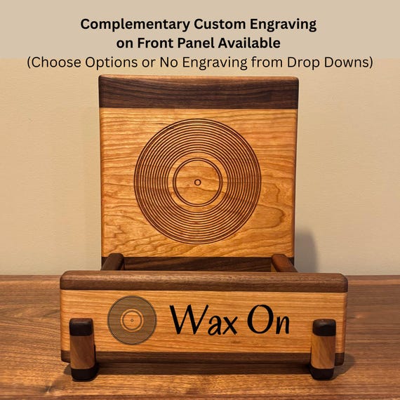Personalized Vinyl Record Display and Holder: Solid Walnut and Cherry with custom engraving included.