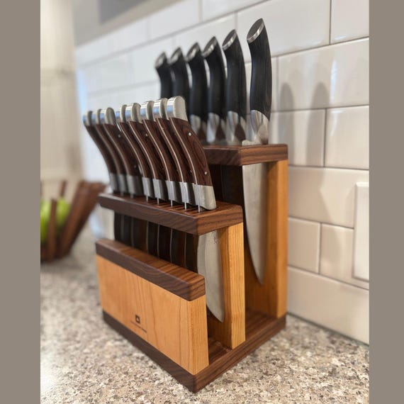 Personalized Walnut & Cherry Knife Block: Open Style, 16+ Capacity
