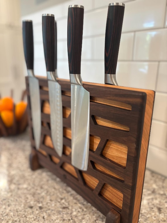 Magnetic Walnut and Cherry Knife Block with Geometric Patterns. 10+ Knife holding capacity.