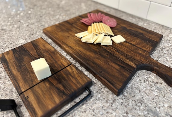 Personalizable Large Rustic Black Limba Charcuterie Board and Cheese Slicer. Housewarming, wedding gift, wooden cheese slicer, cheese board.