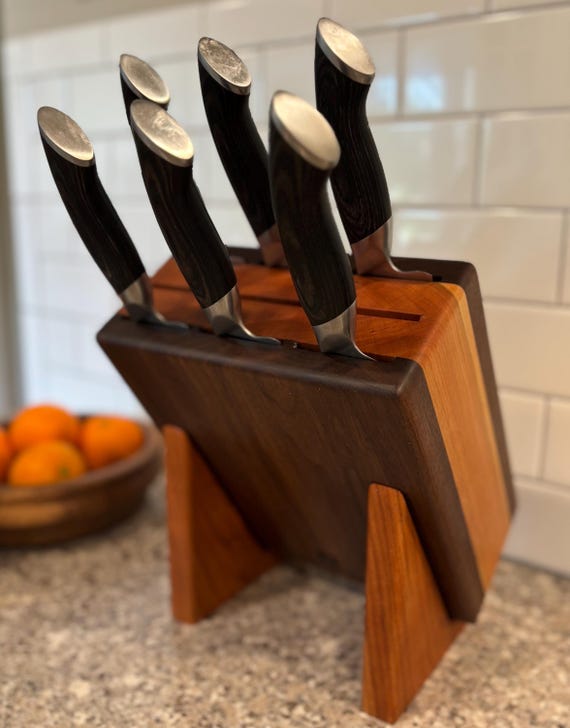 Personalizable 9 Slot Walnut and Cherry Knife Block with Horizontal Slots