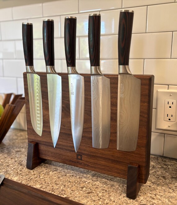 Personalized Large Magnetic Walnut Knife Block. 14+ Knife holding capacity.