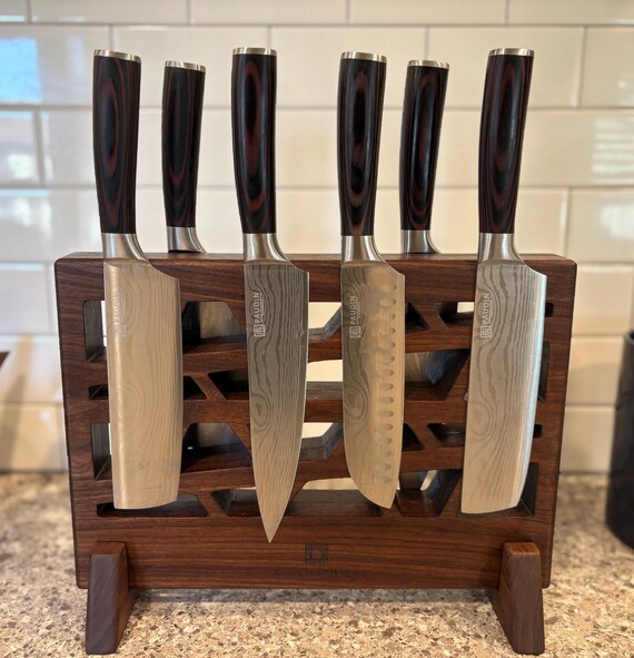 Personalized Large Magnetic Walnut Knife Block with Geometric Patterns. 10+ Knife holding capacity.