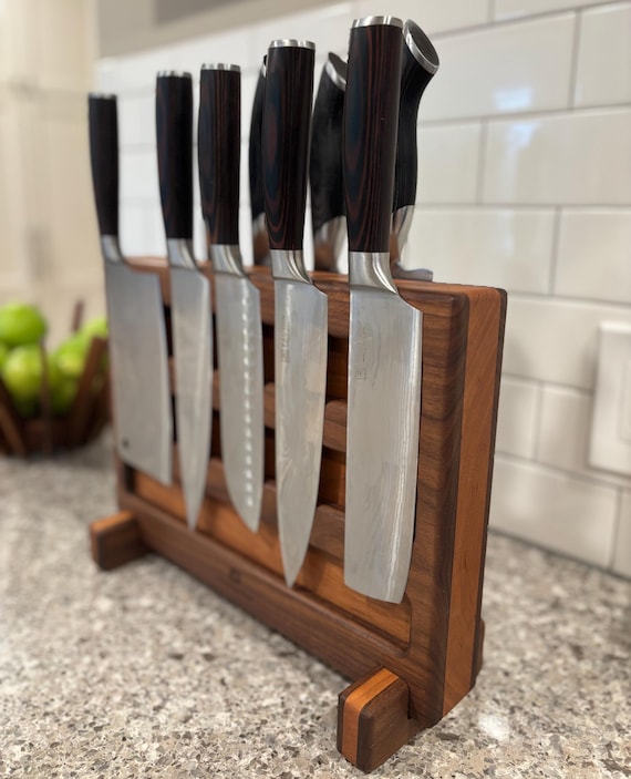 Large Magnetic Walnut & Cherry Knife Block: Chef's Kitchen Storage