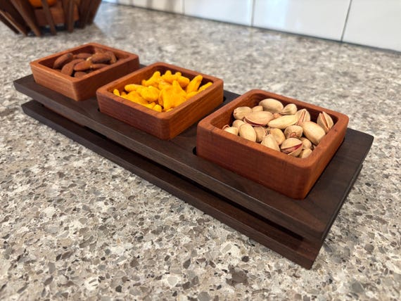 Snack Serving Bowl 3 Piece Set: Cherry Bowls with Two Tiered Walnut Base