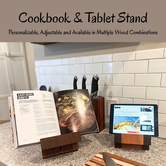 Personalized Wooden Cookbook & iPad Stand: Adjustable Hardwood Book and Tablet Display