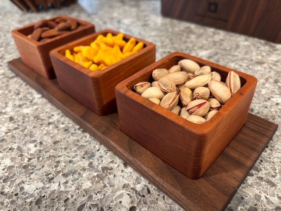 Snack Serving Bowl 3 Piece Set: Cherry Bowls with Walnut Base