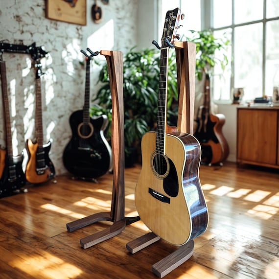 Mid-Century Modern Wooden Guitar Stand: Reflex Design Handcrafted Walnut and Cherry Hanging Stand
