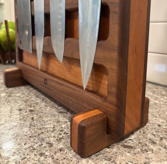 Large Magnetic Walnut & Cherry Knife Block: Chef's Kitchen Storage