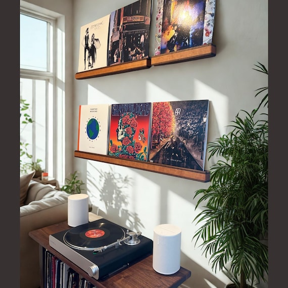 Personalized Floating Vinyl Record Display Shelf: Handcrafted & Available in Multiple Wood Combinations. Vinyl Album Wall Mounted Display