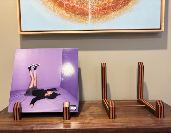 Vinyl Record Display Flip Rack: Handcrafted and Available with Red or Purple Accent stripe