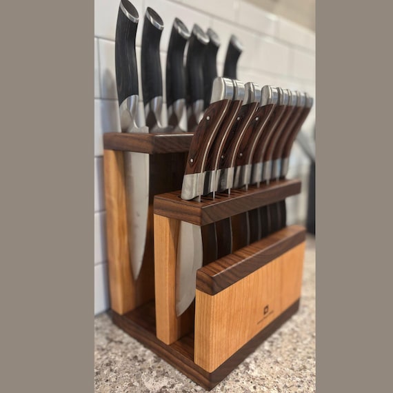 Personalizable Handcrafted Walnut & Cherry Knife Block: Large 32 Slot, 16+ Knife Holding Capacity
