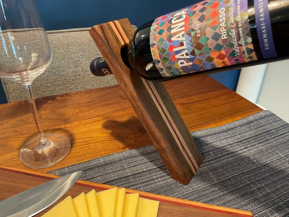 Personalized Gravity Balancing Wine Holder.  Walnut w/ Cherry and Paduak or Purpleheart accents.