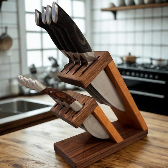 Compact Walnut & Cherry Magnetic Assist Knife Block: 8 Slot Chef and Steak Knife Holder