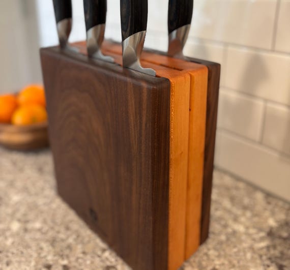 Personalizable 9 Slot Walnut and Cherry Knife Block with Horizontal Slots and Ribbed Sides