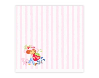 May include: A square notepad featuring a vintage illustration of a cartoon character with red hair, a strawberry hat, and a large strawberry. The character is walking with a pink squirrel and a spotted dog on a pink and white striped background.