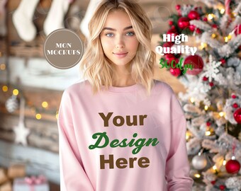 Light Pink Gildan 18000 Mockup Christmas, Female Sweatshirt Mockup Canva, Photoshop Mock up, Womens Shirt Mock, Light Pink Sweatshirt jpg