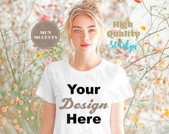 White Bella Canvas 3001 Mockup, Female Tshirt Mock up, White Tshirt Mockup, Tee Women Shirt Mock, Woman T-Shirt Mockups, Flower Nature Tops