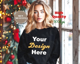Gildan 18000 Black Mockup Christmas, Female Sweatshirt Mockup Canva, Photoshop Mock Women Shirt Mock, Black Sweatshirt jpg, Digital Download