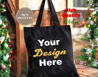 Christmas Tote Bag Mockup Black Canvas Tote Bag Shopping Mockup Boho School Tote MockUp OAD113 Eco Bag Mock Up Digital Download Jpg 300dpi