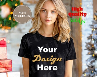Bella Canvas 3001 Black Mockup Christmas, Female Tee Mockup Canva, Photoshop Mock Women Shirt Mock, Black Tshirt jpg, Digital Download Canva