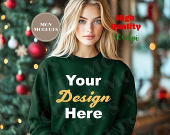 Gildan 18000 Mockup Forest Green Christmas, Female Sweatshirt Mock up Canva, Photoshop Mockup, Womens Shirt Mock, Sweatshirt Trendy Mock jpg