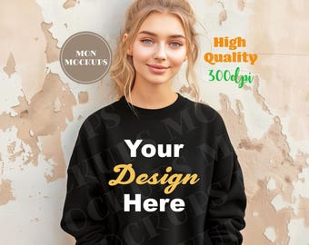 Gildan 18000 Mockup Black, Female Sweatshirt Mockup, Canva Mockup, Photoshop Mockup, Womens Shirt Mock, Black Sweatshirt Trendy Mock up Tops