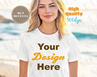 White Bella Canvas 3001 T-shirt Mockup, Female Tshirt Mockup Beach, Summer Shirt Mockup, Tee Mockup, Womens Shirt Mock, White Shirt Mockup