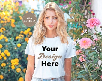 White Bella Canvas 3001 Mockup, Female Tshirt Mock up, White Tshirt Mockup, Tee Women Shirt Mock, Woman T-Shirt Mockups, Flower Nature Tops