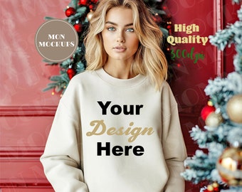 Christmas Gildan 18000 Mockup Sand, Female Sweatshirt Mockup Canva, Photoshop Mock up, Womens Shirt Mock, Sand Sweatshirt Trendy Mock, jpg