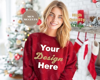 Christmas Gildan 18000 Mockup Cherry Red, Female Sweatshirt Mockup Canva, Photoshop Mock up, Womens Shirt Mock, Sweatshirt Trendy Mock jpg