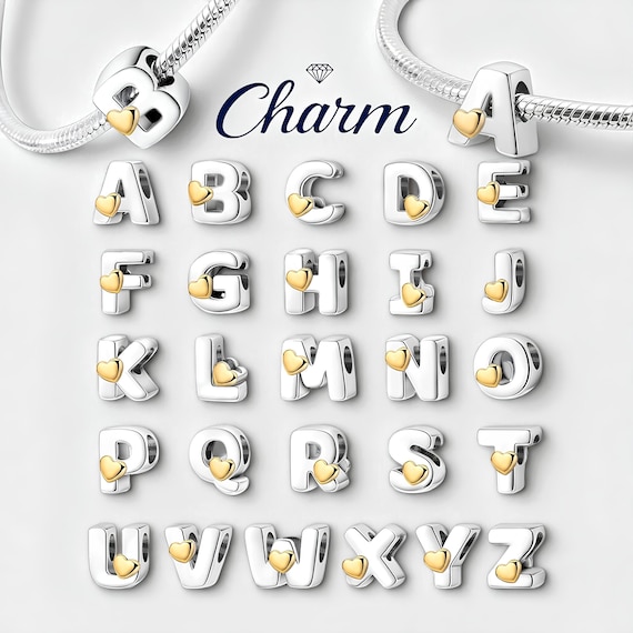 Sterling Silver Letter Charm with Gold Heart: Personalized Alphabet Charms for Pandora Charm Bracelets